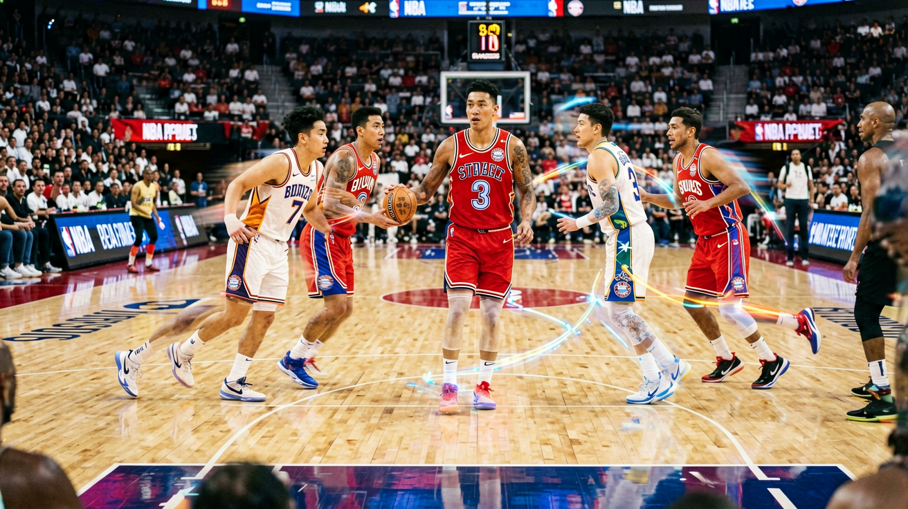 NBA季后赛战术复盘图，球员跑位与进攻路线示意
